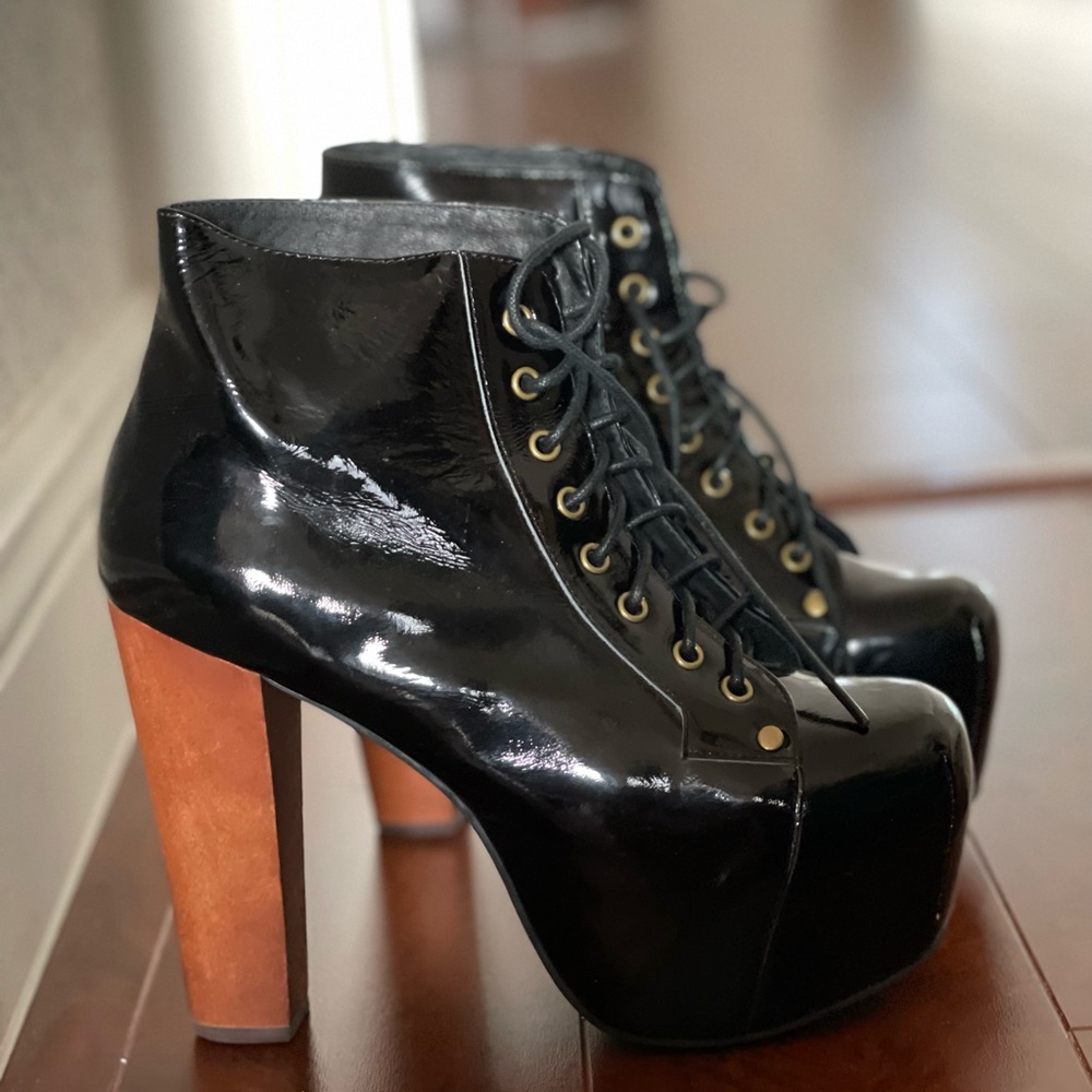 Jeffrey Campbell high heel black patent boots